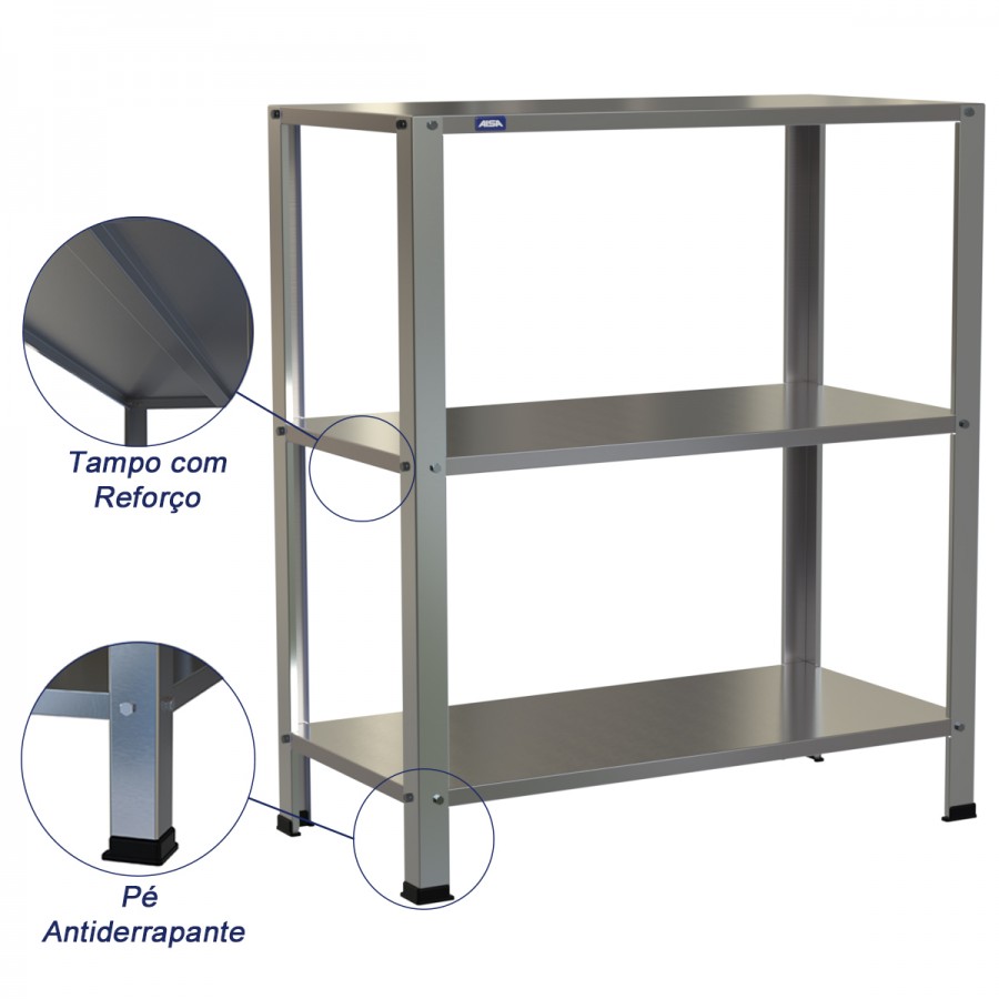 Estante Armário Prateleira Inox 3 Bandejas 400 X 800 Aisa